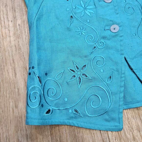 Vtg Casual Corner Linen Vest Women 4 Blue Embroidered Floral Boho Eyelet Cottage - Picture 3 of 8